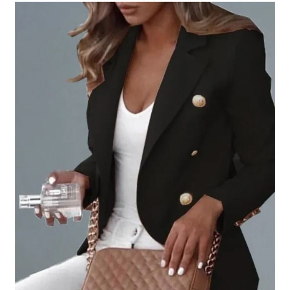 Chicgenes Elegant Black  Buckle Turndown Collar Blazer  Size Medium|